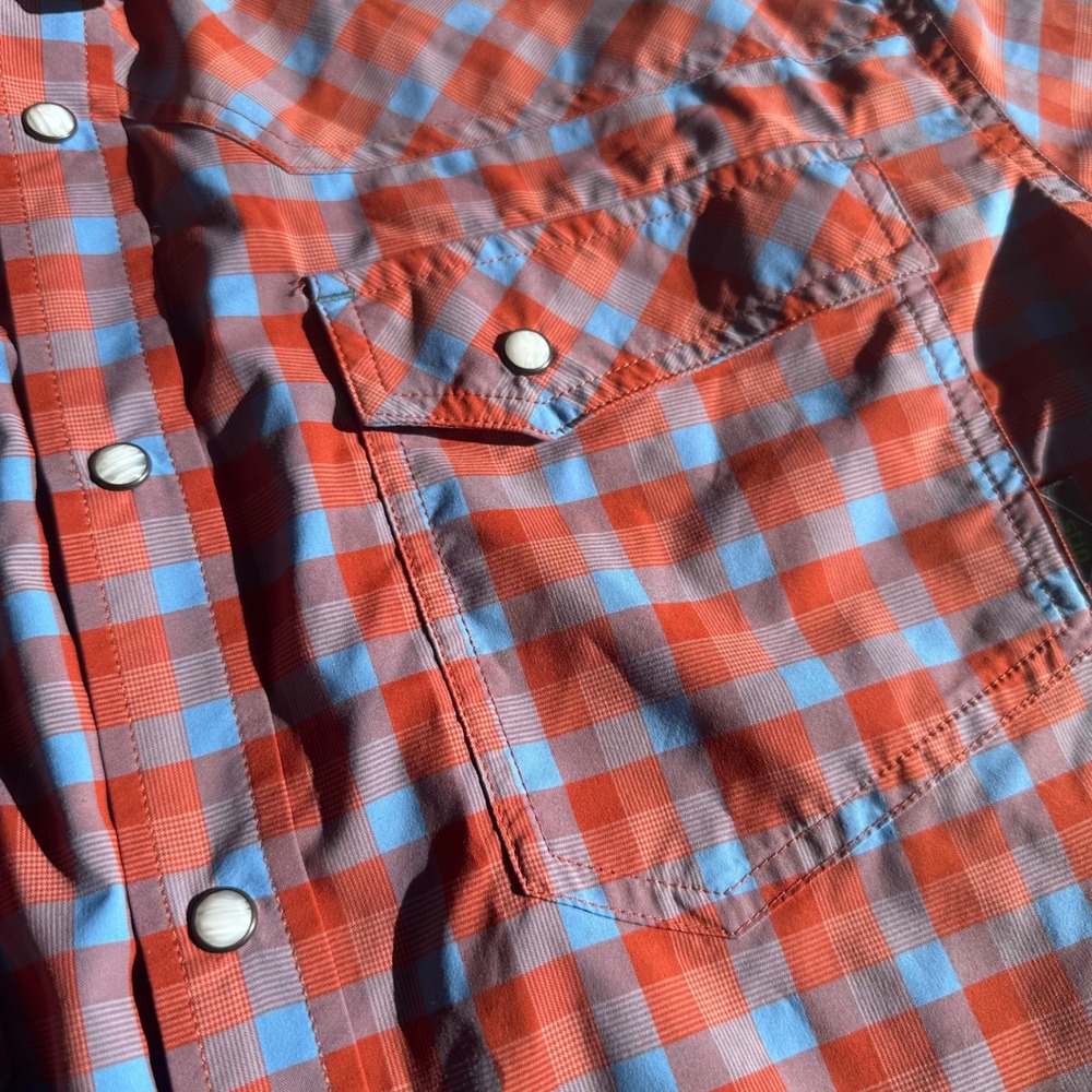 Stio Pearl Snap Shirt Mens Medium Red Blue Excellent Short Sleeve Western - Picture 4 of 5